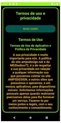 Layout de Termos de Uso e  Privacidade do aplicativo.